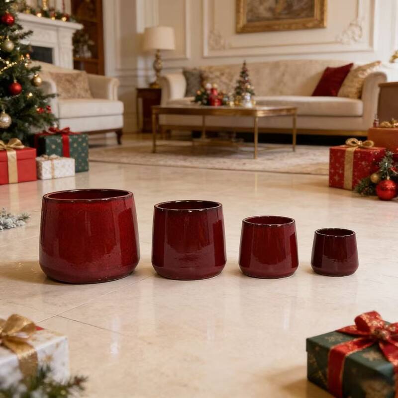 Handmade Ceramic Flower Pot Set of 4, 7/9/11/14 Inch Diameter, Deep Red Speckled Glaze for All Flowers, Indoor/Outdoor Use