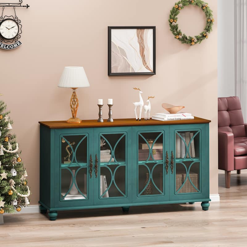 Buffet Cabinet with 4 Tempered Glass Doors, Wooden Accent Console Table, Large Sideboard with Adjustable Shelves - Dark Green