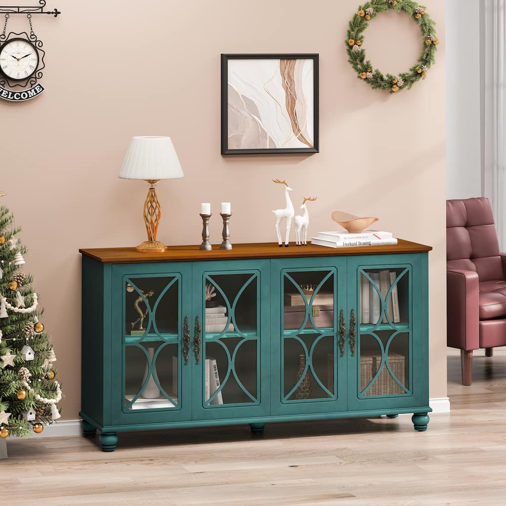 Buffet Cabinet with 4 Tempered Glass Doors, Wooden Accent Console Table, Large Sideboard with Adjustable Shelves