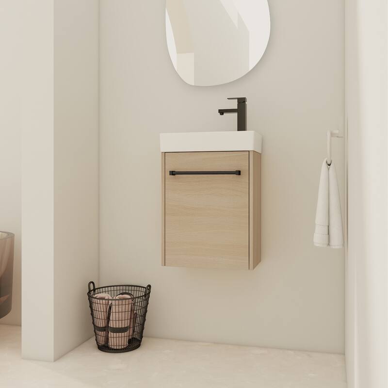16" Wall-Mounted Bathroom Vanity with Carrara White Ceramic Sink, Soft-Close Doors, and Ample Storage - 15.94in L Plywood - 15.94in L Light Oak