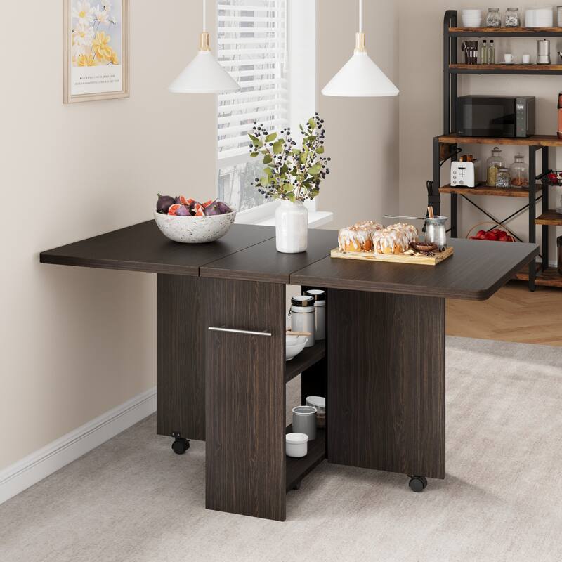 Folding Dining Table with 2 Tier Storage, Extendable Kitchen Table