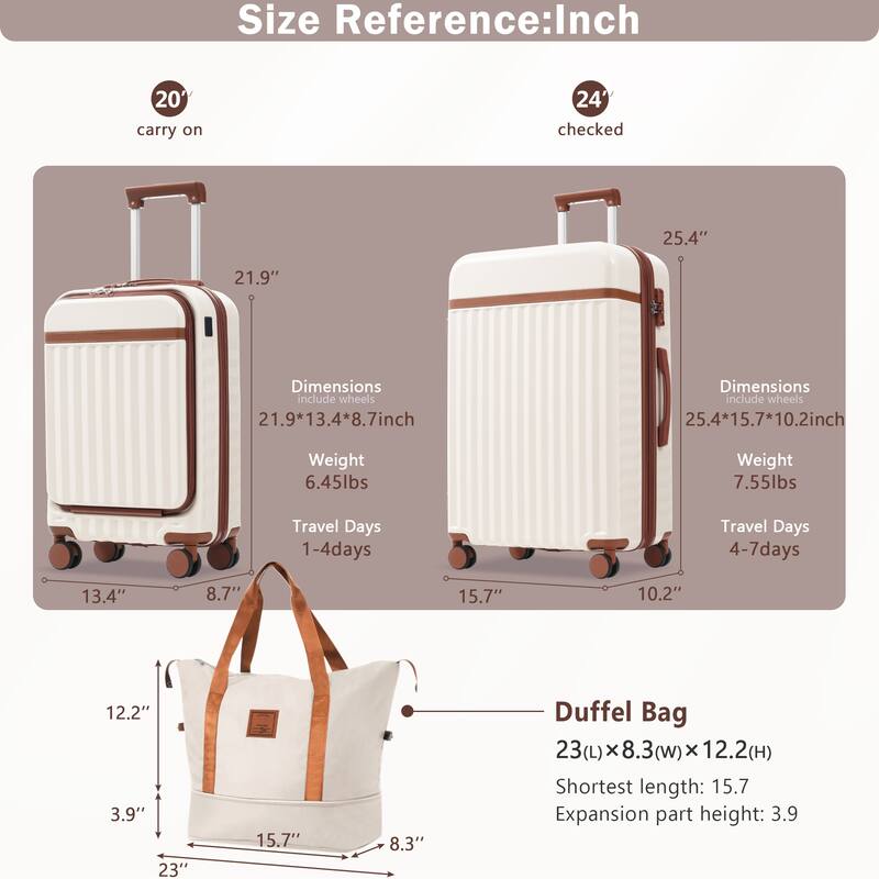 3-Piece Modern Front-Opening Luggage Expandable Luggage with USB Port and TSA Lock, for Boarding Travel, Brown+White