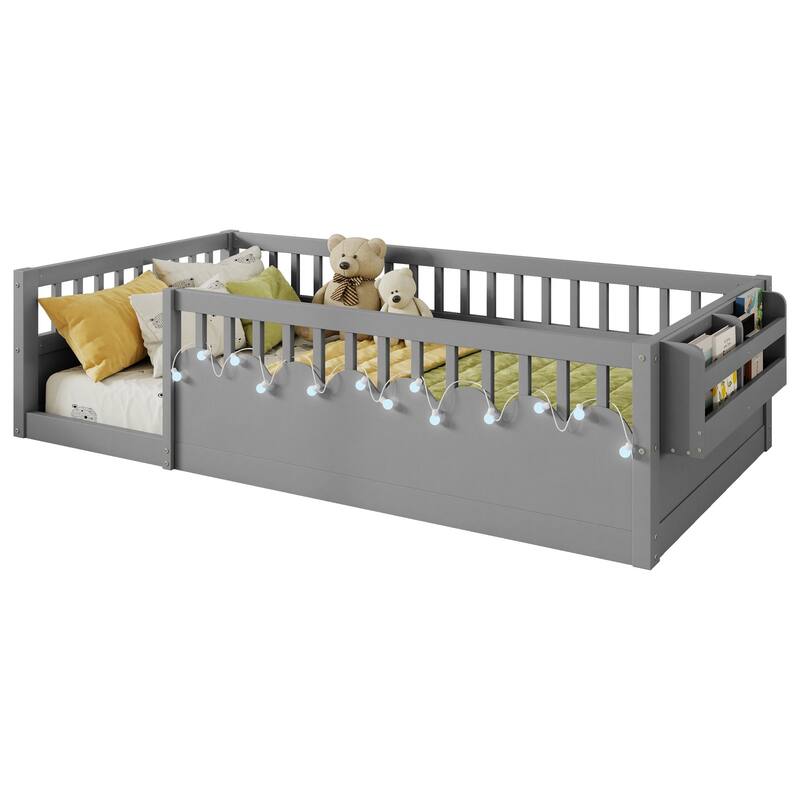 Montessori Floor Bed Frame with High Rails, Wood Toddler Floor Bedframe with Light and Headboard Storage Shelf for Kids Room