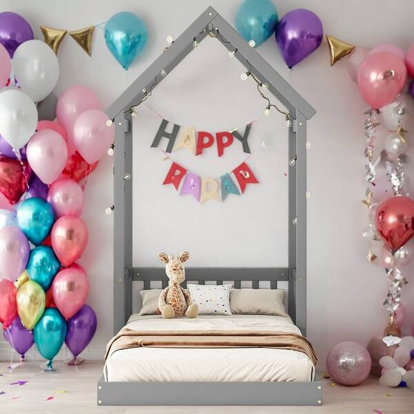 slide 2 of 27, House-Style Funny Twin House-shaped Roof Headboard Floor Kids Furniture Bed Kidsbed, Grey Grey