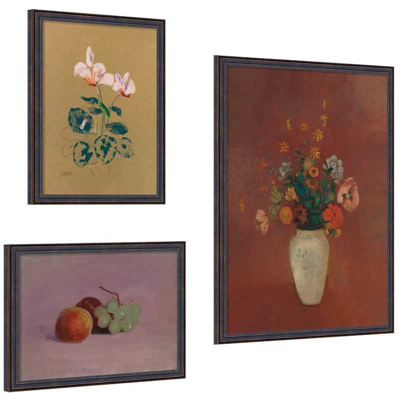 Kate and Laurel Cyclamen, Still Life Fruit, & Bouquet Vase Odion Redo 3 Piece Framed Wall Art Print by Nostalgia Prints