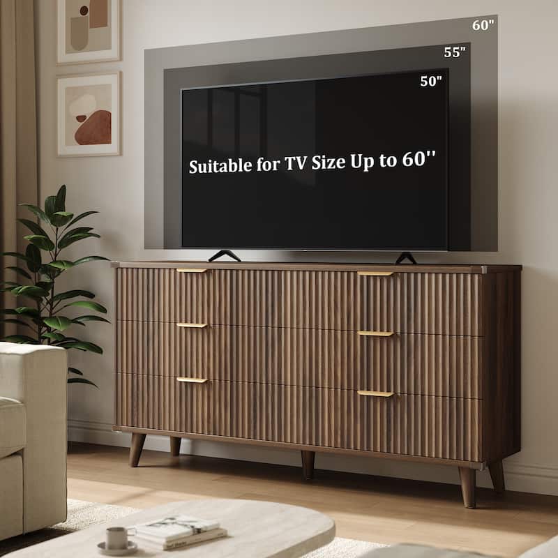 6 Drawer Dresser for Bedroom, 53" Wide Boho Fluted Dresser