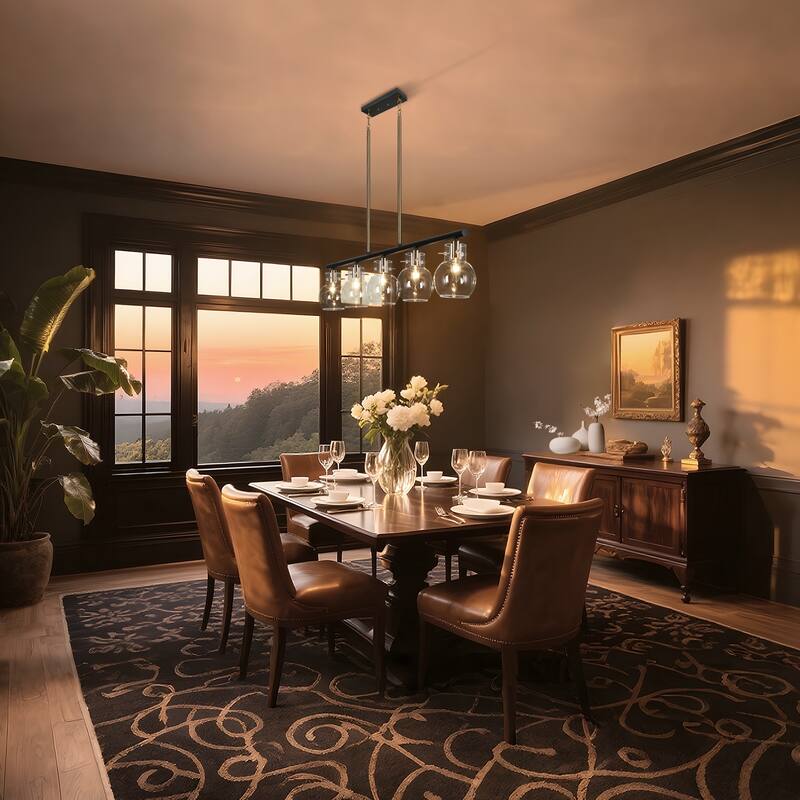 Modern Farmhouse Black Gold 5-Light 38" Glass Linear Chandelier Island Lights for Dining Room - 38" L x 5" W x 8" H