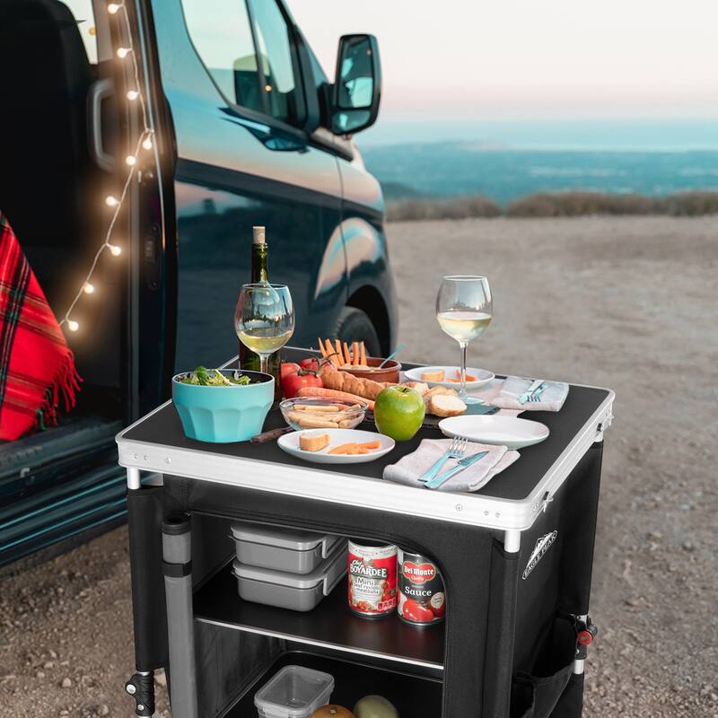 EAGLE PEAK Outdoor Folding Camping Table Easy Set Up Portable Aluminum Camping Kitchen, Beige