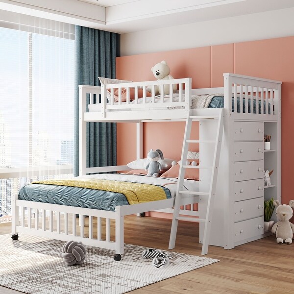 Twin over Full Size Wood Bunk Bed with 6 Drawers and Adjustable