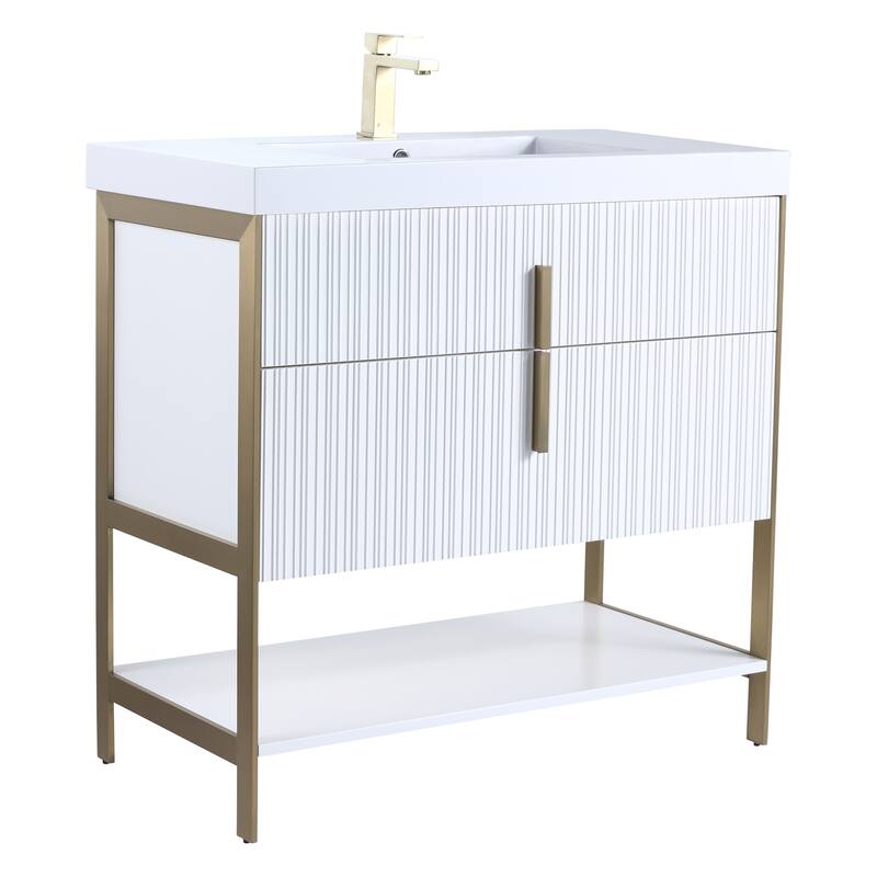 Fine Fixtures Serenity Modern Bathroom Vanity with White Gel Acrylic Top - White Matte - Brass Hardware - 36 inch