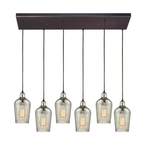 Hammered Glass 6-Light Rectangular Pendant Fixture in Oiled Bronze with Hammered Mercury Glass