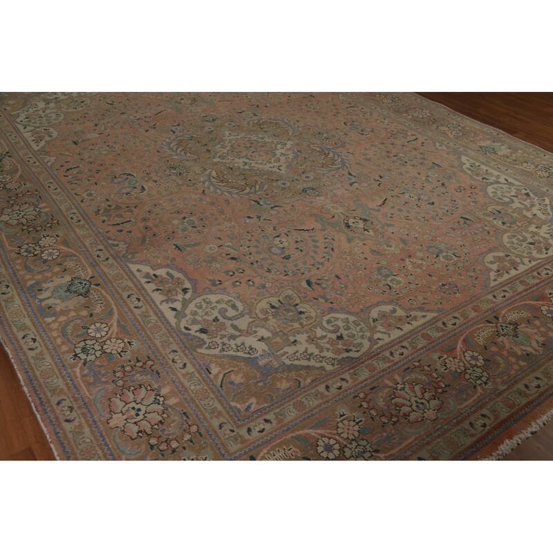 Distressed Floral Tabriz Persian Area Rug Handmade Wool Carpet - 9'10" x 12'9"
