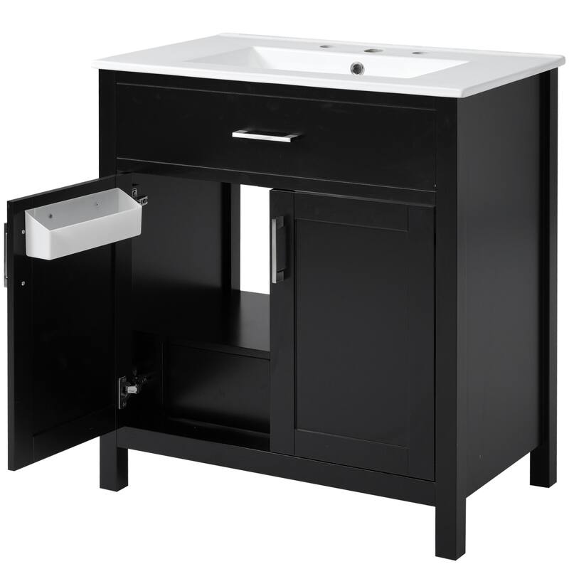 30-Inch Minimalist 2-Door Bathroom Vanity with Ceramic Sink, Bathroom Storage Cabinet with Hidden Drawer
