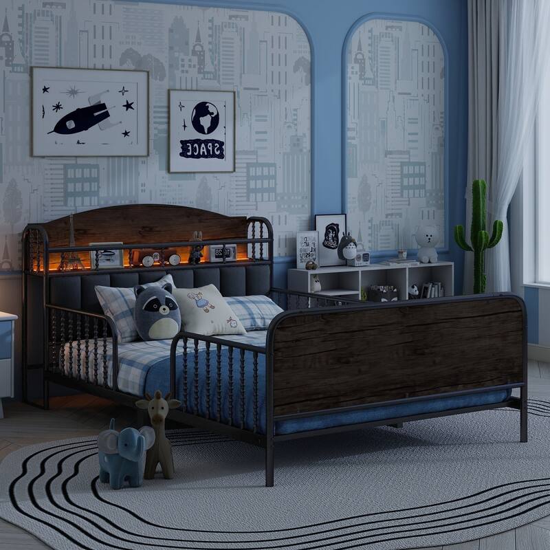 Roomfitters Twin/Full Metal Platform Bed, LED Storage Headboard and Guardrails with Metal Frame for Bedroom or Guest Room