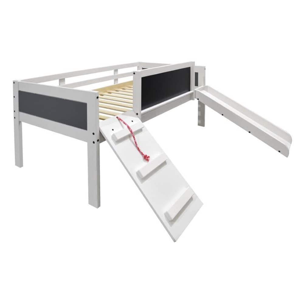 Kids Twin Solid Wood Low Loft Bed in White Wash and Gray Bed Bath