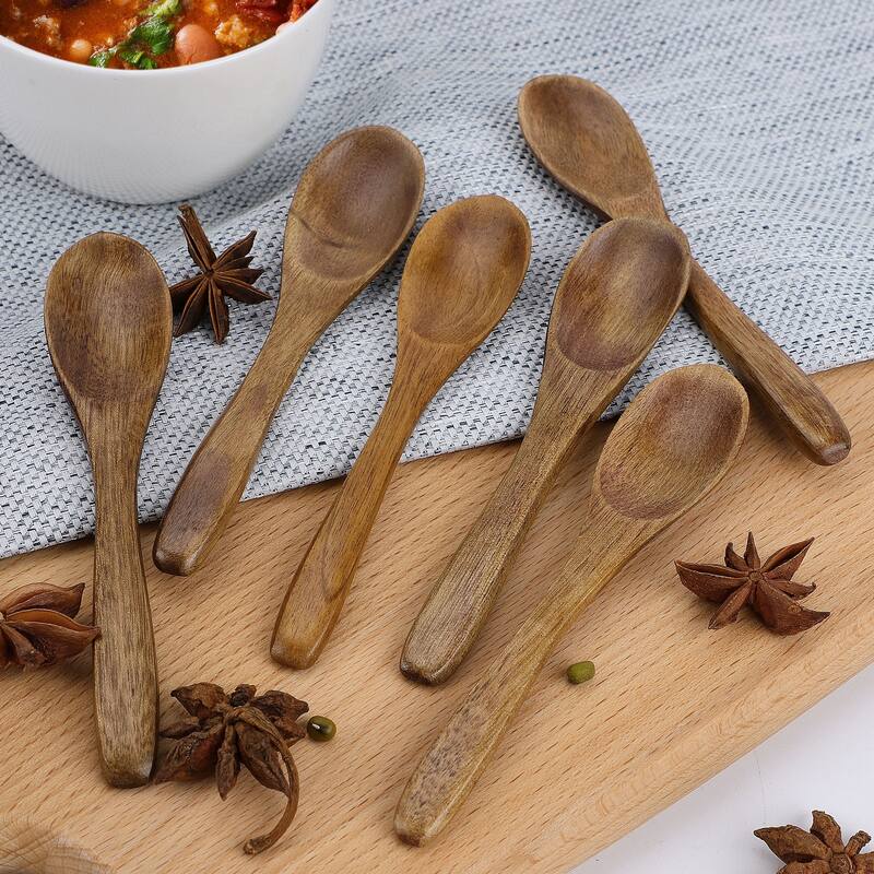 Wooden Spoons 6 Pcs Natural Grain Soup Spoon Salt Sugar Dinner Spoons 4.7" Brown