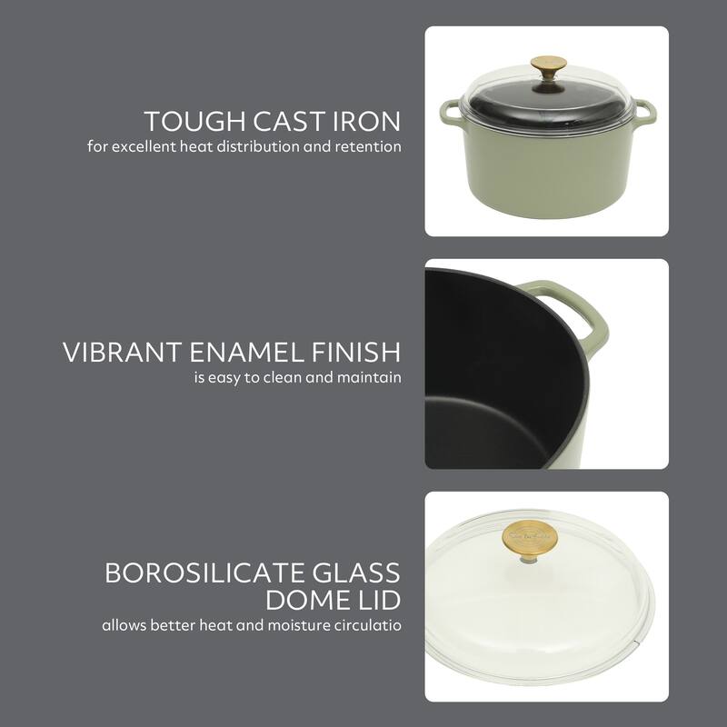 Sur La Table Enamel-Coated Cast Iron Dutch Oven Pot with Oven Safe Glass Lid, Oven-to-Table Cookware for Stews & Braising