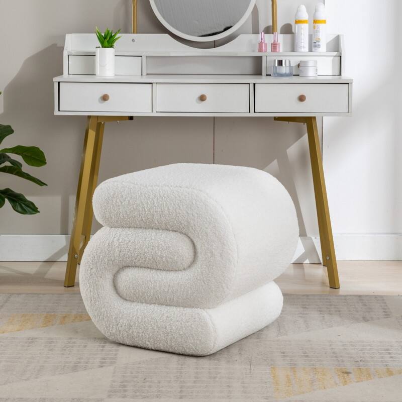 Teddy Fabric S-shape Ottoman Makeup Stool Footstool - White