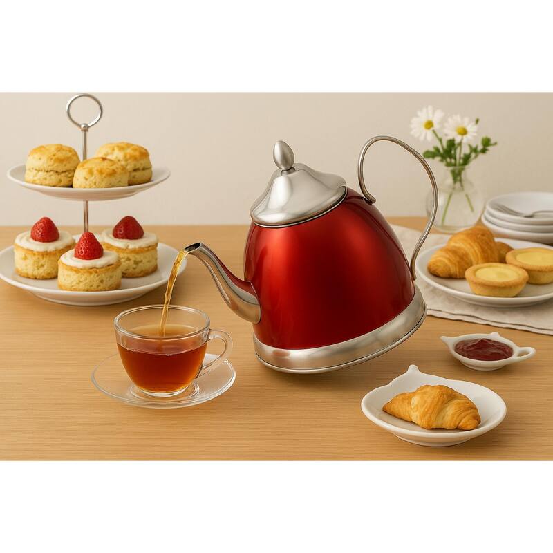 Creative Home Nobili-Tea 2.0 Quart Stainless Steel Tea Kettle Tea Pot with Removable Infuser Basket, Cranberry Color
