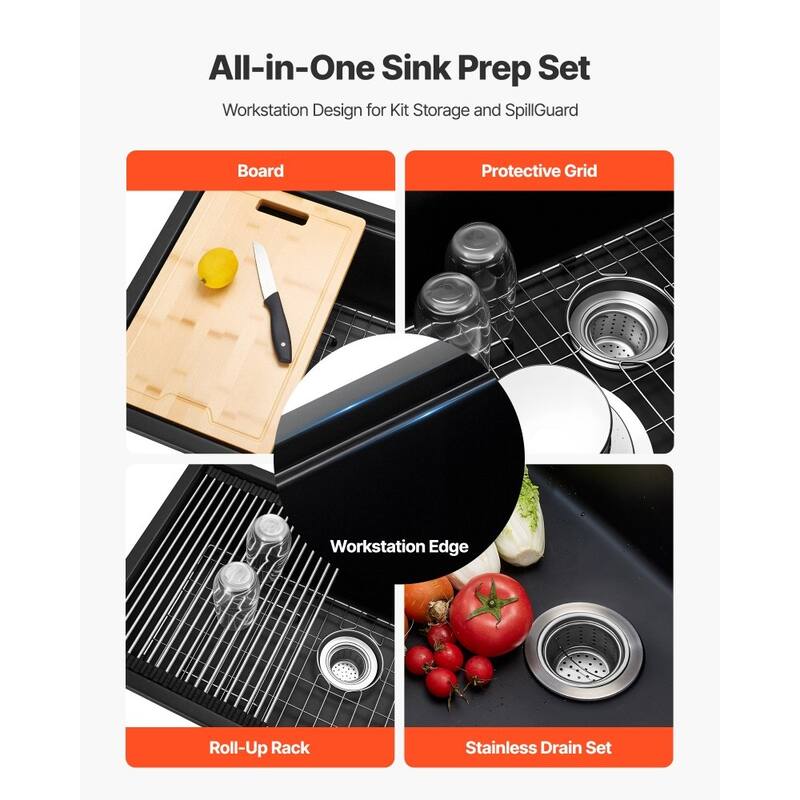 Black Granite Undermount Kitchen Sink with Single Bowl and Cutting Board and Roll-Up Rack