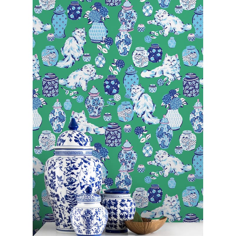 Fancy Cats Green Peel and Stick Wallpaper