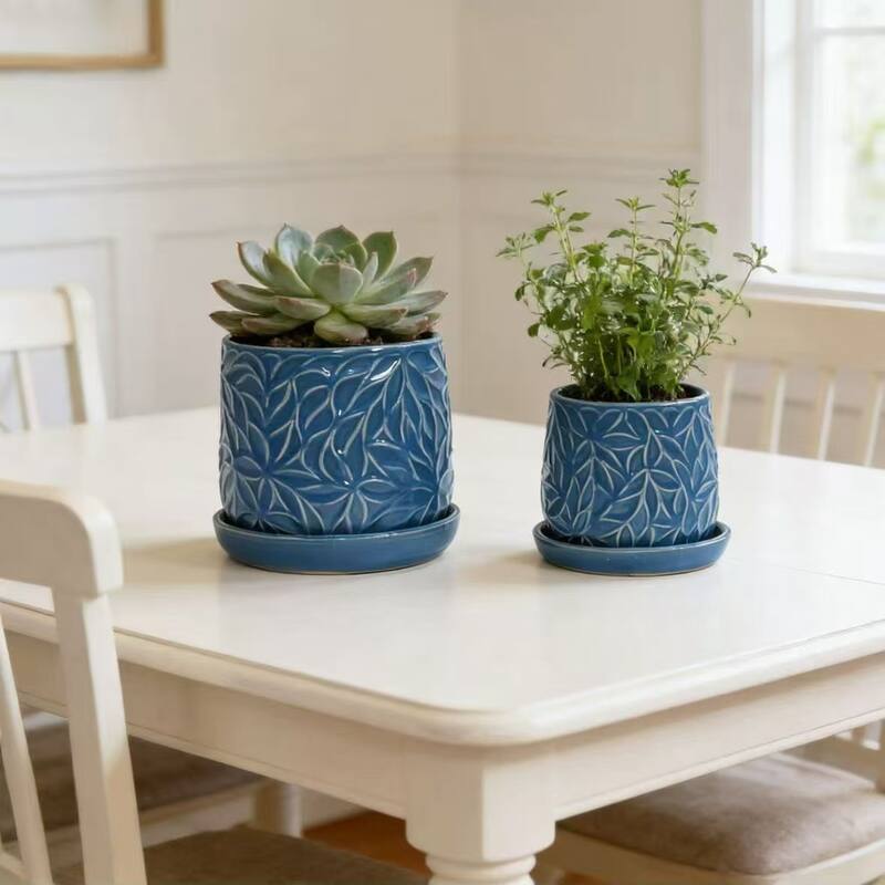 Set of 2 Handmade Modern Embossed Leaf Ceramic Planters with Saucers