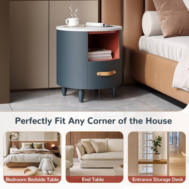 Modern Round Nightstand with Storage Drawer, Sofa End Table with Open Storage Shelf, Bedside Table with Curved Design