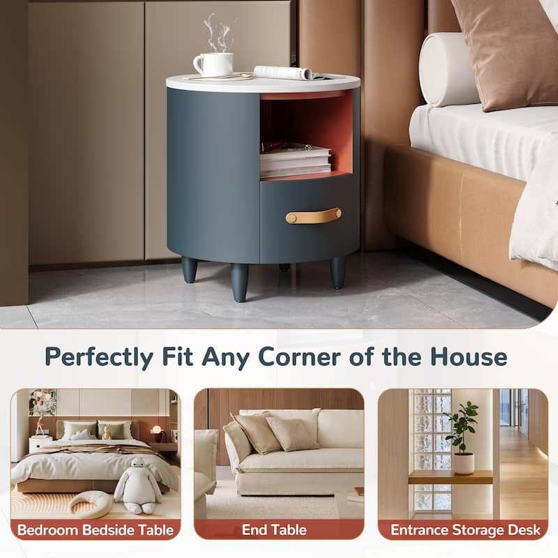 Round Nightstand with Drawer & Open Shelf, Nightstand with Leather Handle & Tapered Legs, Large Capacity Sofa Side Table