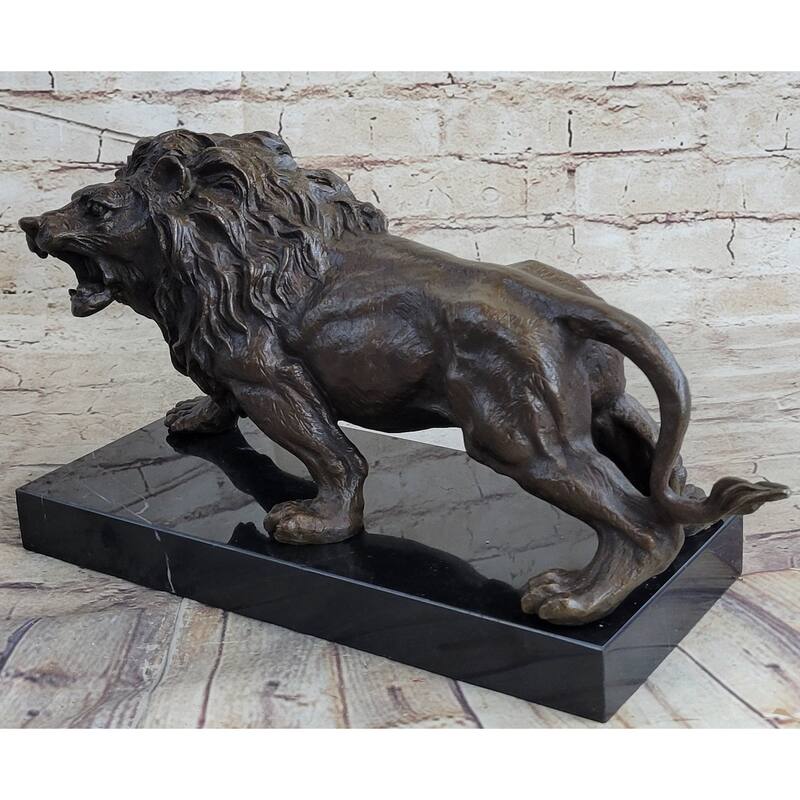 Bronze Sculpture Angry Hungry Male Lion Marble Base Figurine Art Deco Figure
