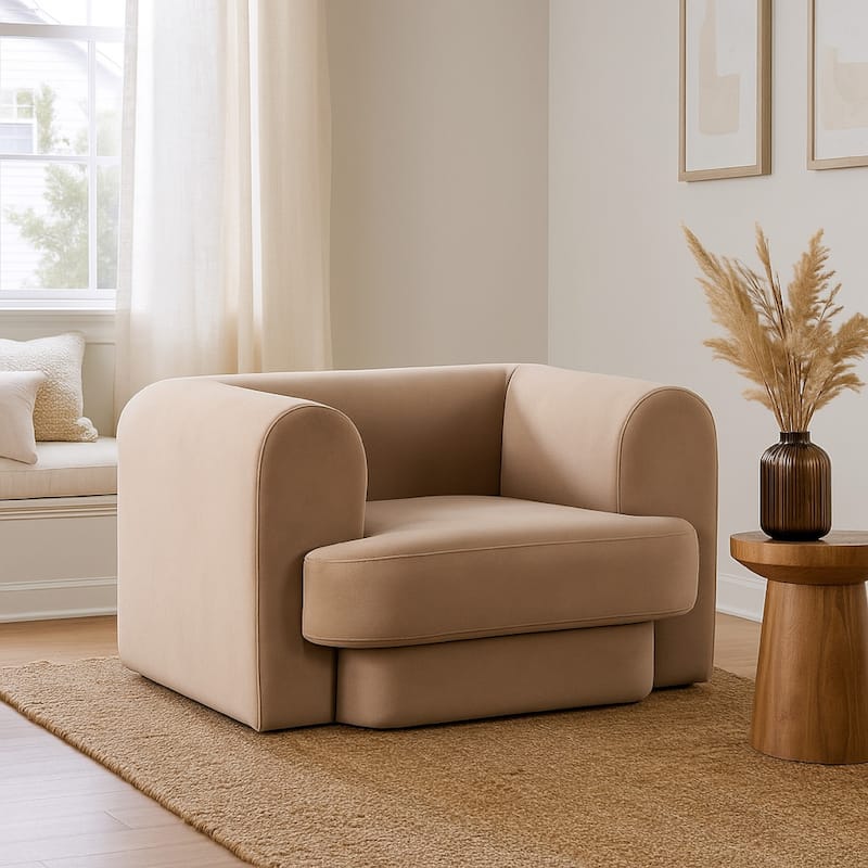 Foxo Retro Oversize Chair, Padded Camel Brown Velvet, 44 Inch Wide