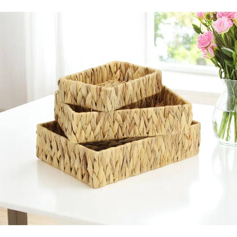 HomeRoots Set of Three Natural Water Hyacinth Rectangular Baskets - Small/Medium/Large - Natural - Small/Medium/Large