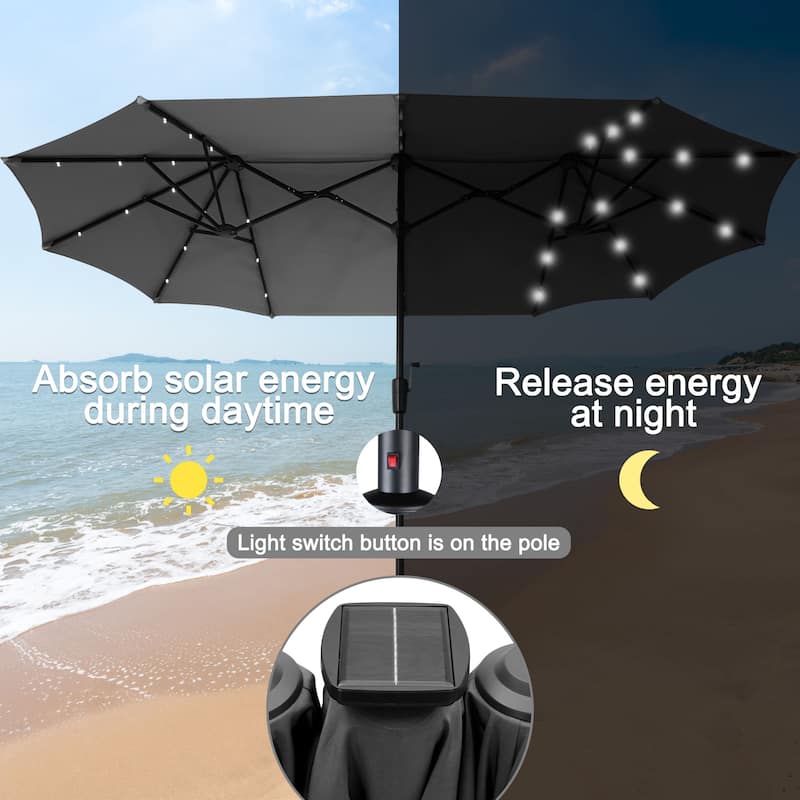 Ainfox 13ft Double-sided Patio Umbrella Solar LED Lighted Outdoor Martet Umbrella with Base