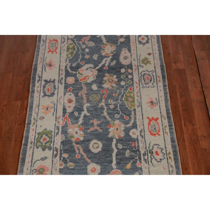 Hand Knotted Oriental 100% Wool Carpet Transitional Floral Navy Blue & Blues Oushak Runner Rug - 8' 10'' X 3' 0''