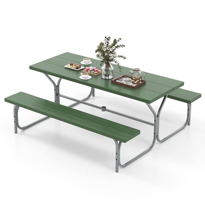 72 Inch 8-Person Outdoor Picnic Table and Bench Set with HDPE Wood-Texture Top and with Built-in Umbrella Hole