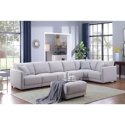 7 Piece Upholstered Modular Sectional Sofa with Ottoman in Light Gray