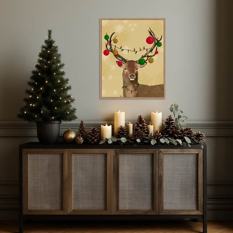 Stag and Baubles by Fab Funky (23 x 28 in.), Framed Canvas Wall Art Print - Sylvie Beaded Rustic Natural