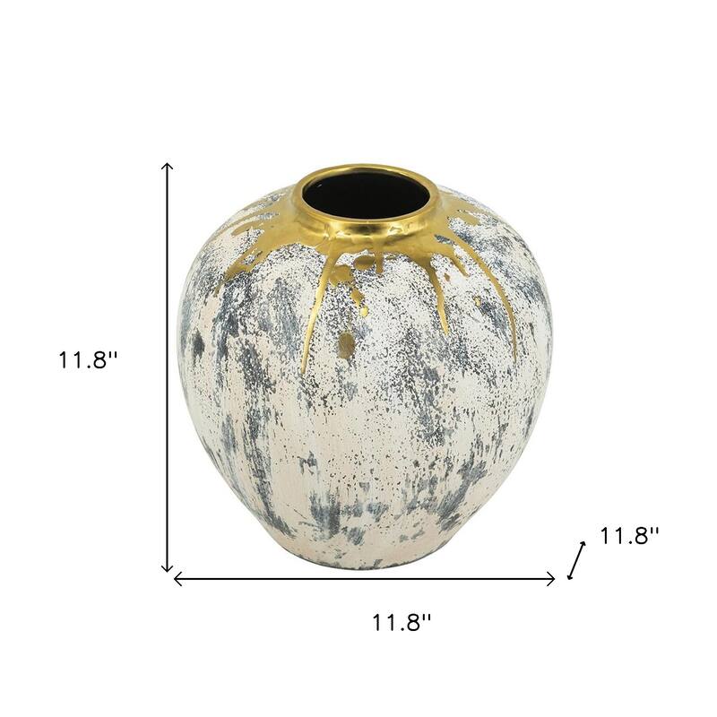 12" Gray Ivory And Gold Modern Abstract Ceramic Table Vase - 11.80