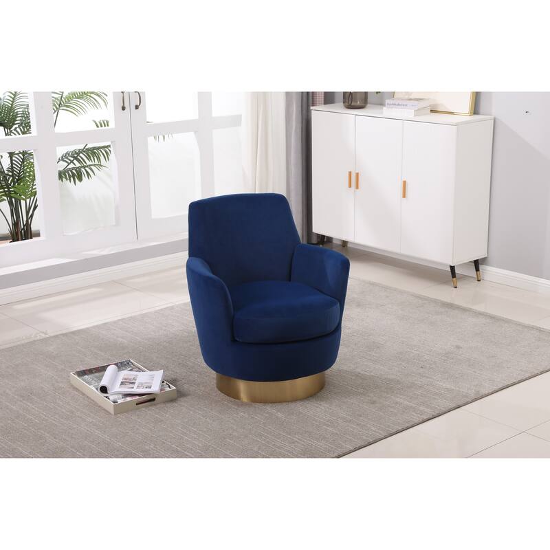 Navy Velvet Modern 29.3" Upholstered Swivel Barrel Chair with Gold Stainless Steel Base