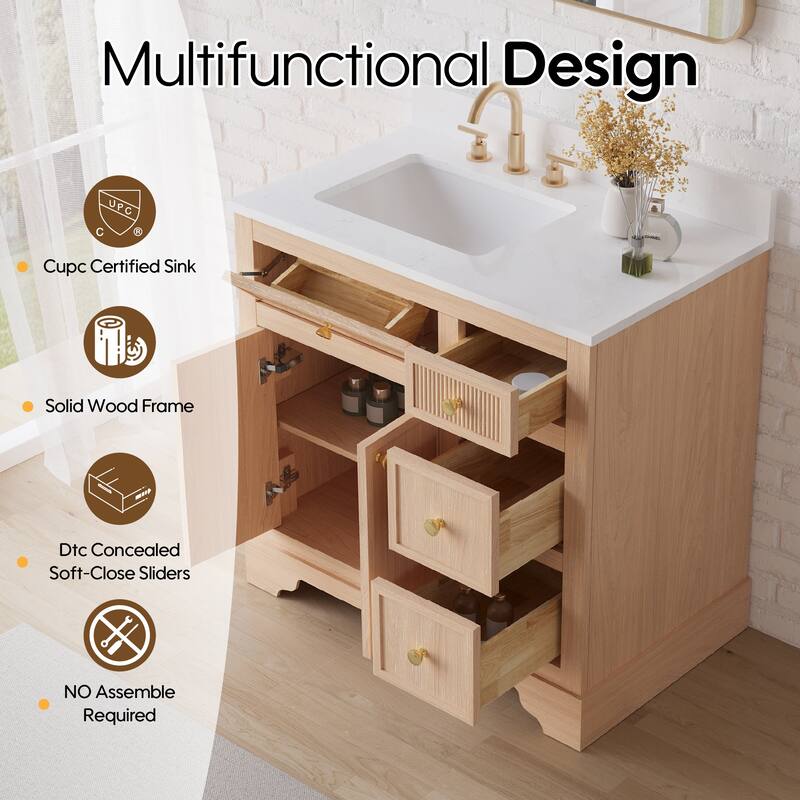 35''H Bath Solid Wood Vanity with Stain-resistant Carrera White Quartz Top And Single Sink