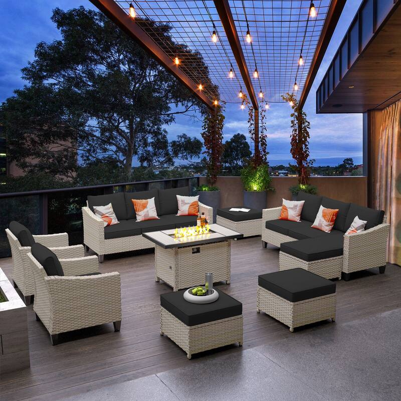 HOOOWOOO 9-piece Wicker Outdoor Patio Seating Set with Fire Pit Table