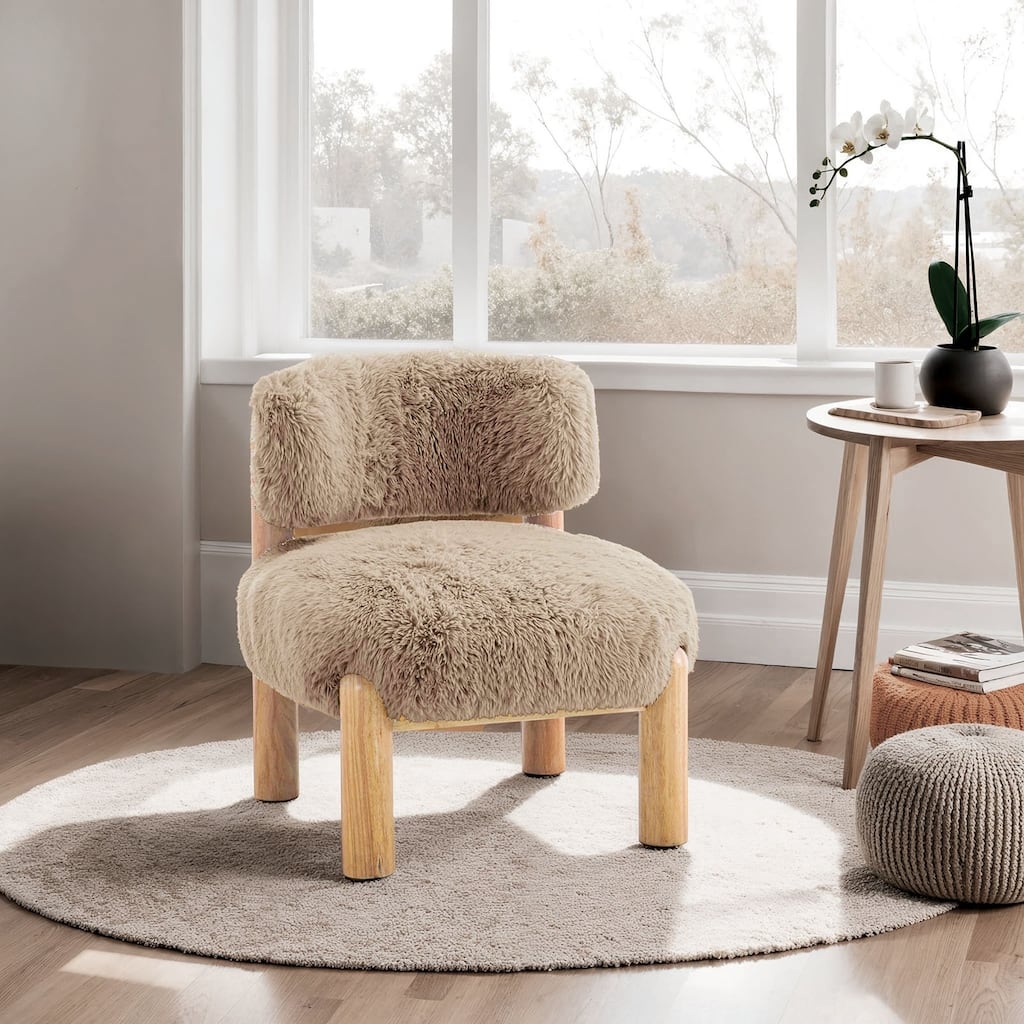 Mushroom Finish Accent Chair Fur Fabric Wooden Legs Curved Backrest Contemporary Primary Living Room