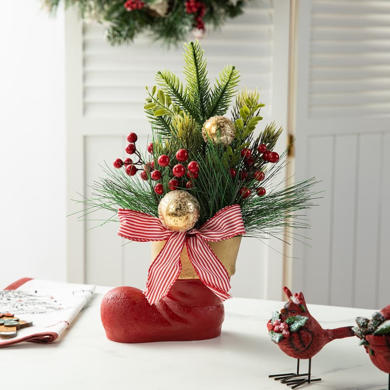 Glitzhome Christmas Red Sleigh Frosted Boot Floral Metal Potted Tree Table Decor - Red Boot