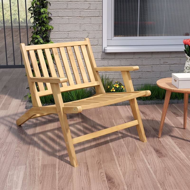 Teak Wood Reclining Patio Chair with Slanted Backrest and Armrests for Porch Garden or Deck - 36.5" x 26" x 27" (L x W x H)
