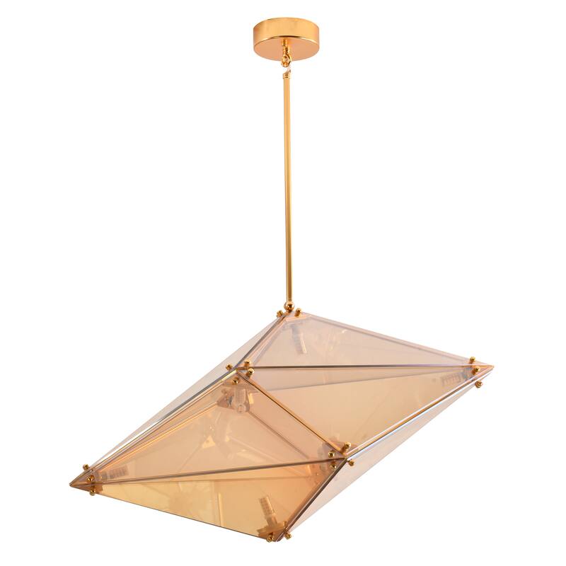 30" Gold Metal Chandelier With An amber Glass Shade