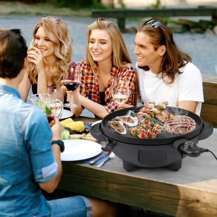 Black Metal Aluminum Electric BBQ Grill with 1200W Power Dual-Zone Cooking, Non-Stick Plate - 25" x 40"