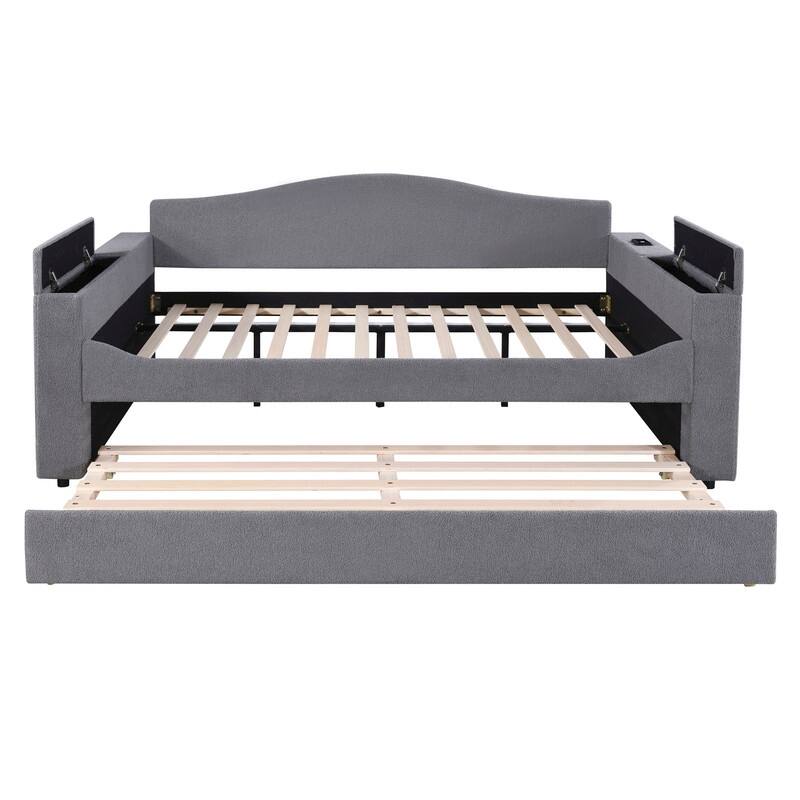 Full Size Upholstered Daybed with Storage Armrests, Trundle and Bluetooth Audio System