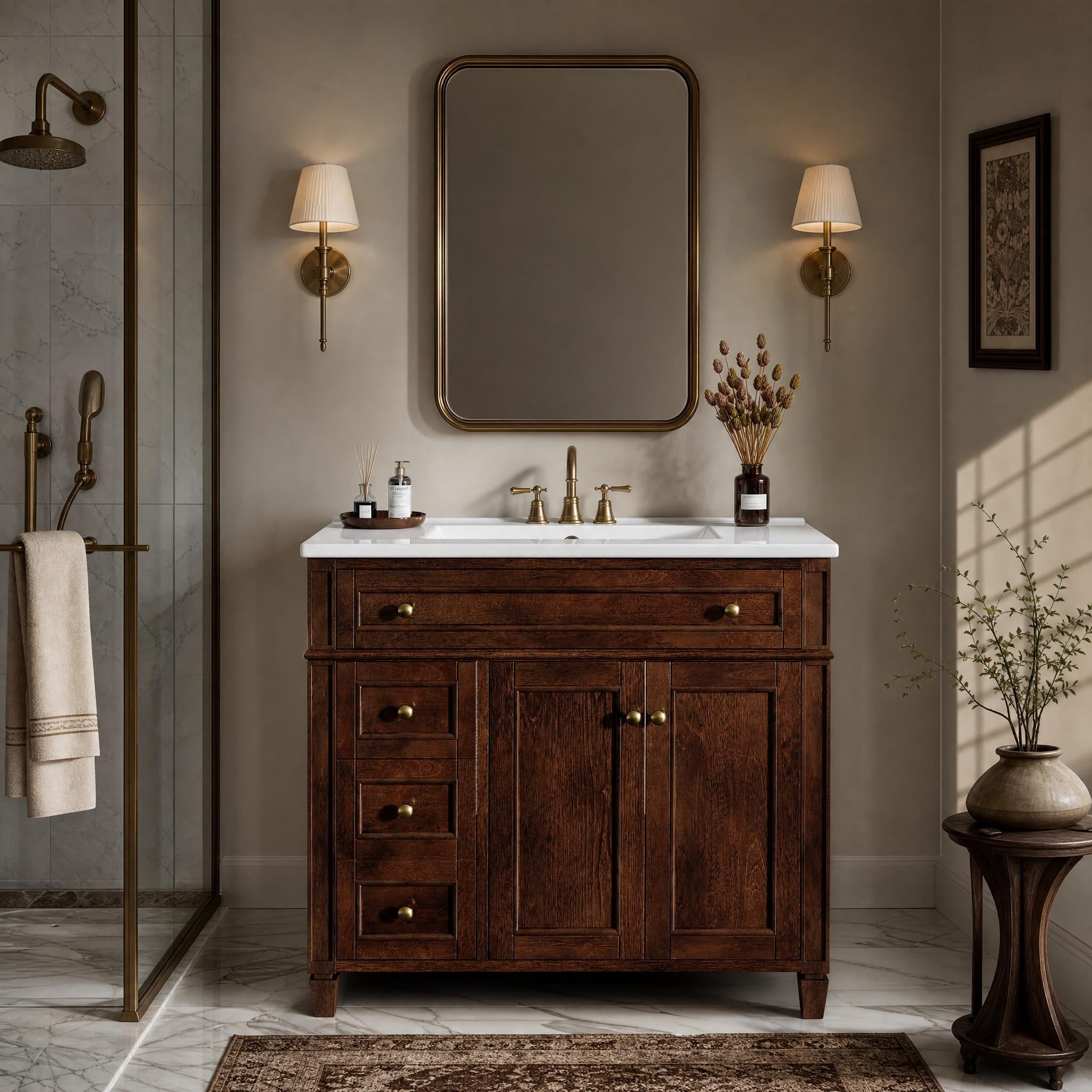 36″ Freestanding Bathroom Vanity with Ceramic Top Solid Rubberwood Frame