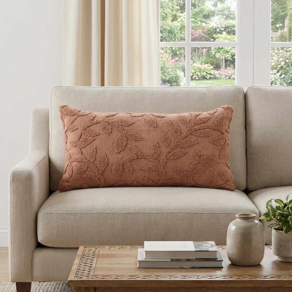 HomeRoots 14" X 26" Terra Cotta Cotton Lumbar Throw Pillow With Texture