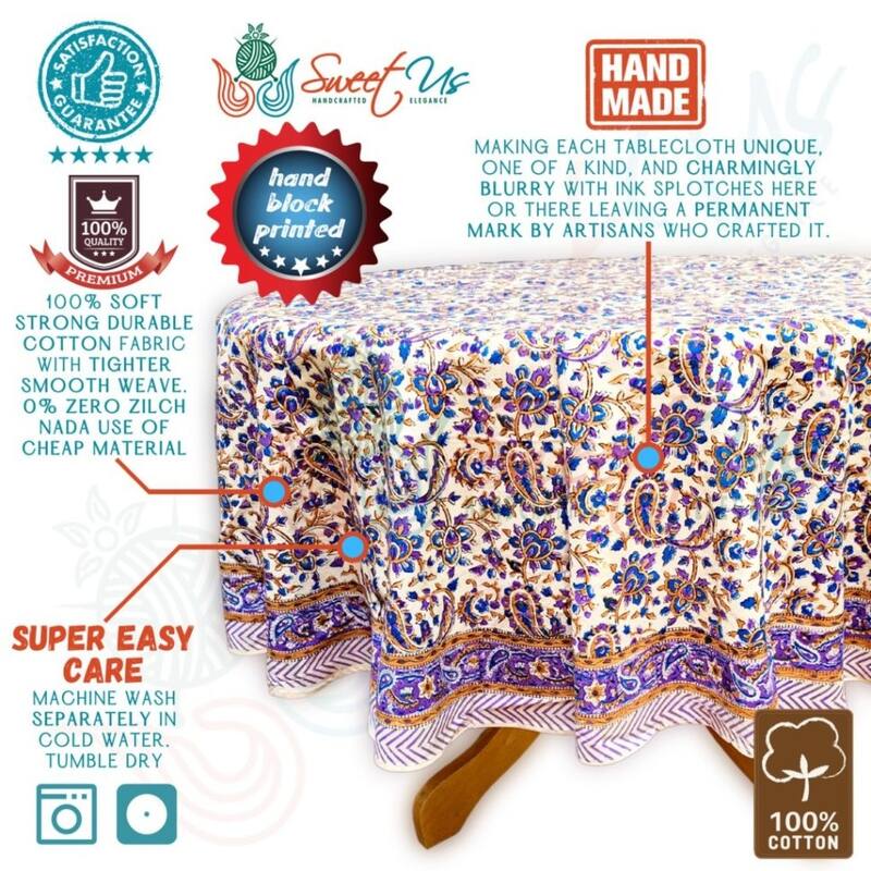 Block Print Tablecloth Round, Floral Paisley Love Purple - Paisley Elephant Purple Gold Blue
