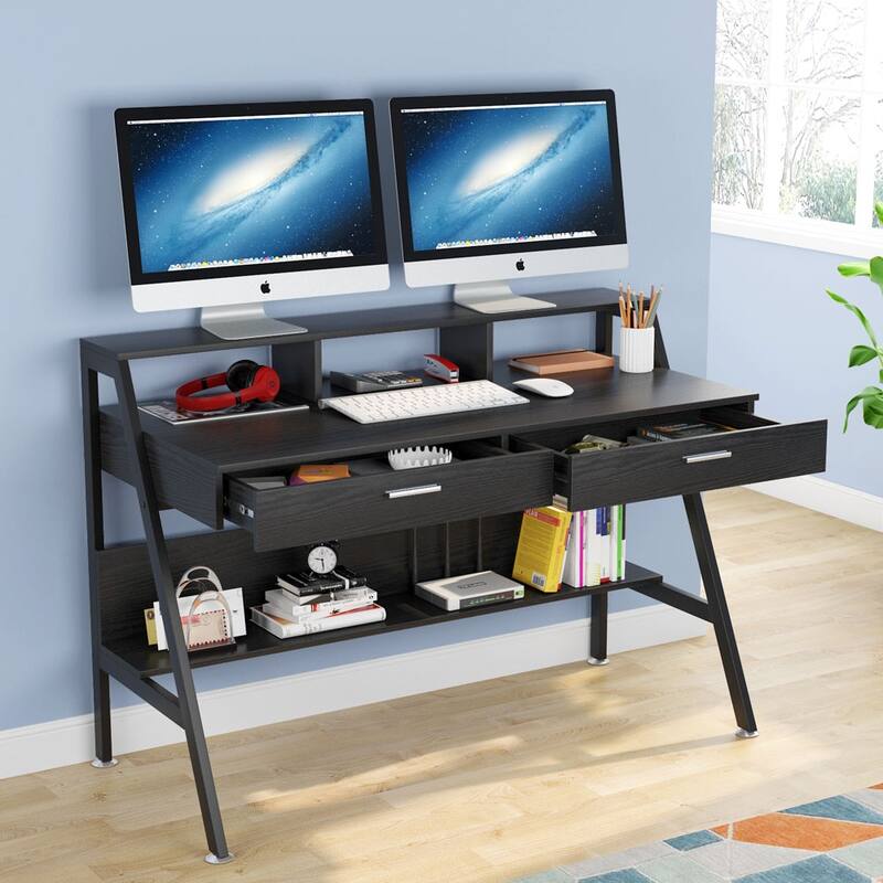 47" Computer Desk with Drawers & Shelf & Monitor Stand Riser